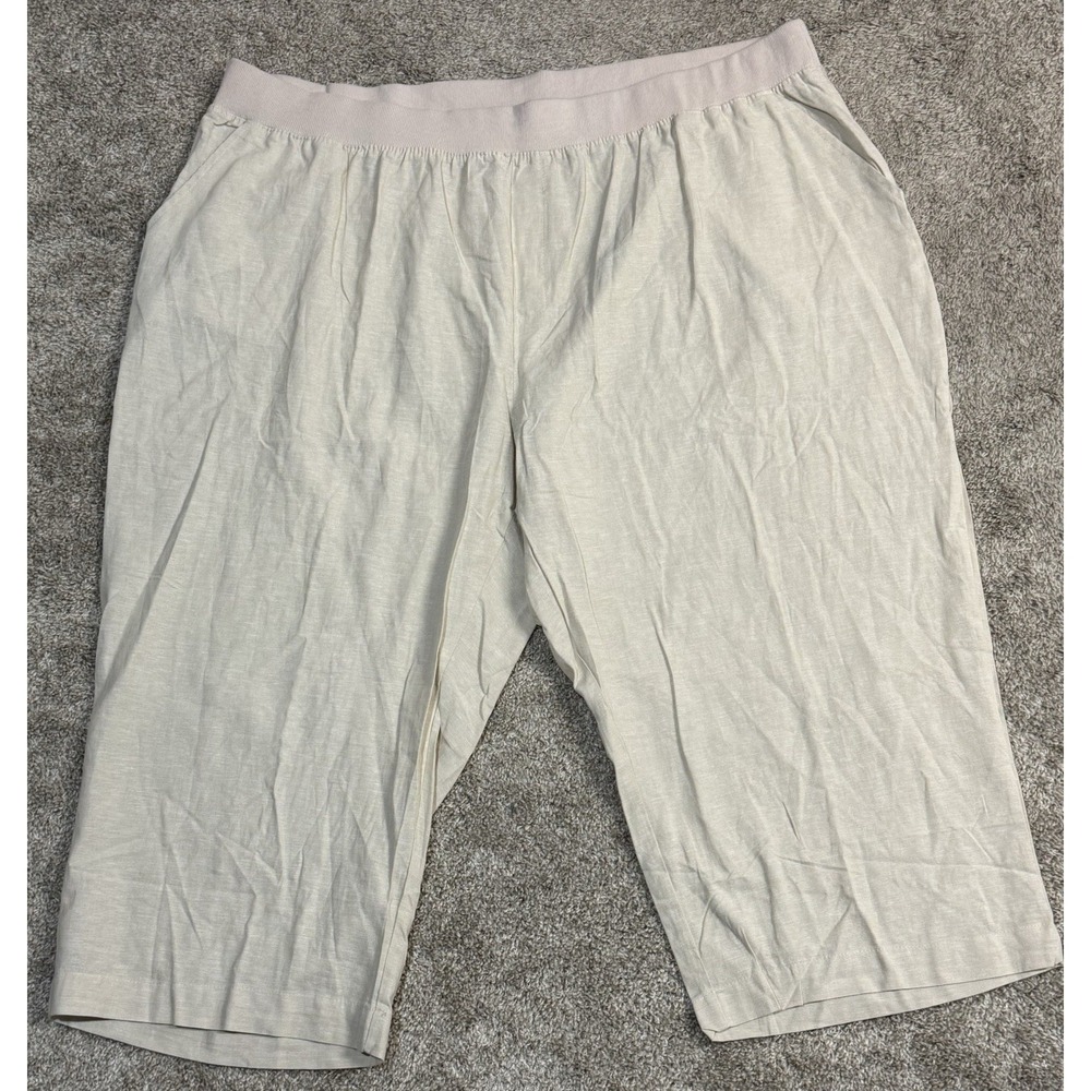 Catherines Plus Size 4X Linen Blend Beige Elastic Waist Pockets Capri Pants NWOT